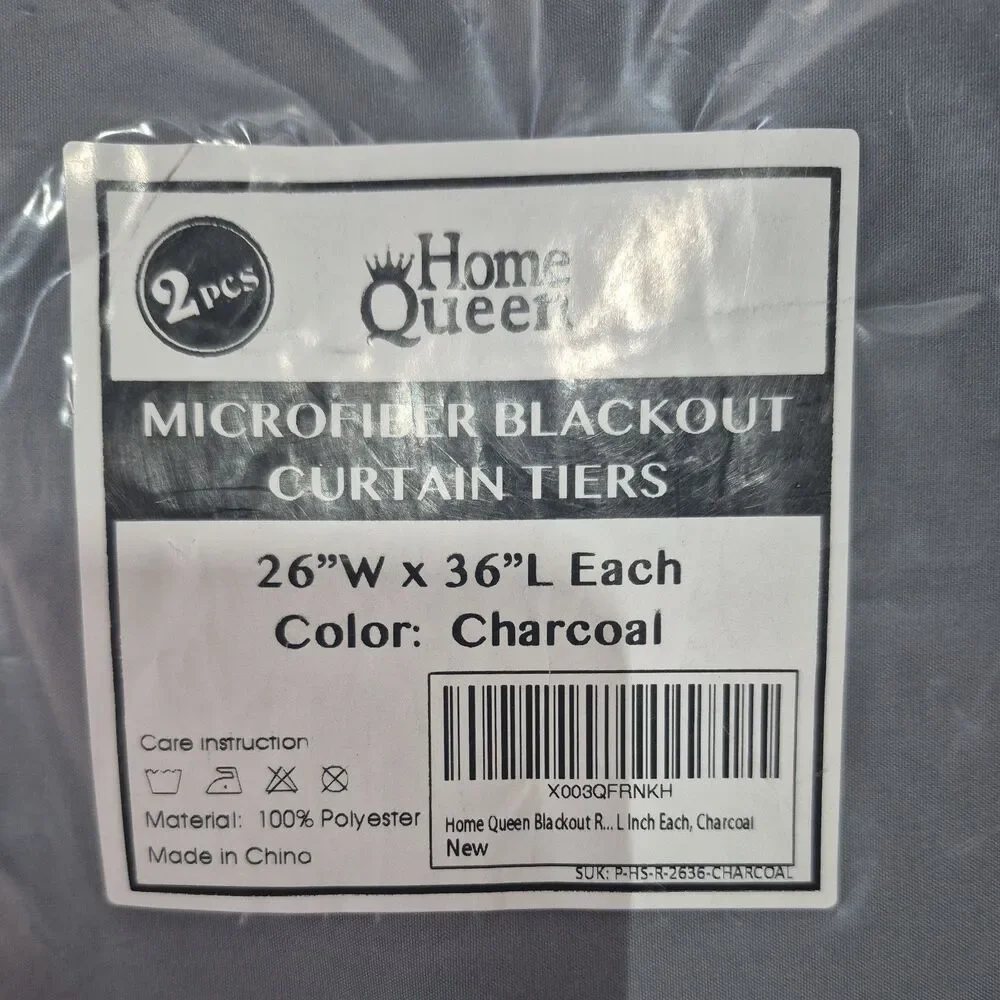 Home Queen Charcoal Rod Pocket Microfiber Blackout Curtain Tiers 26W
